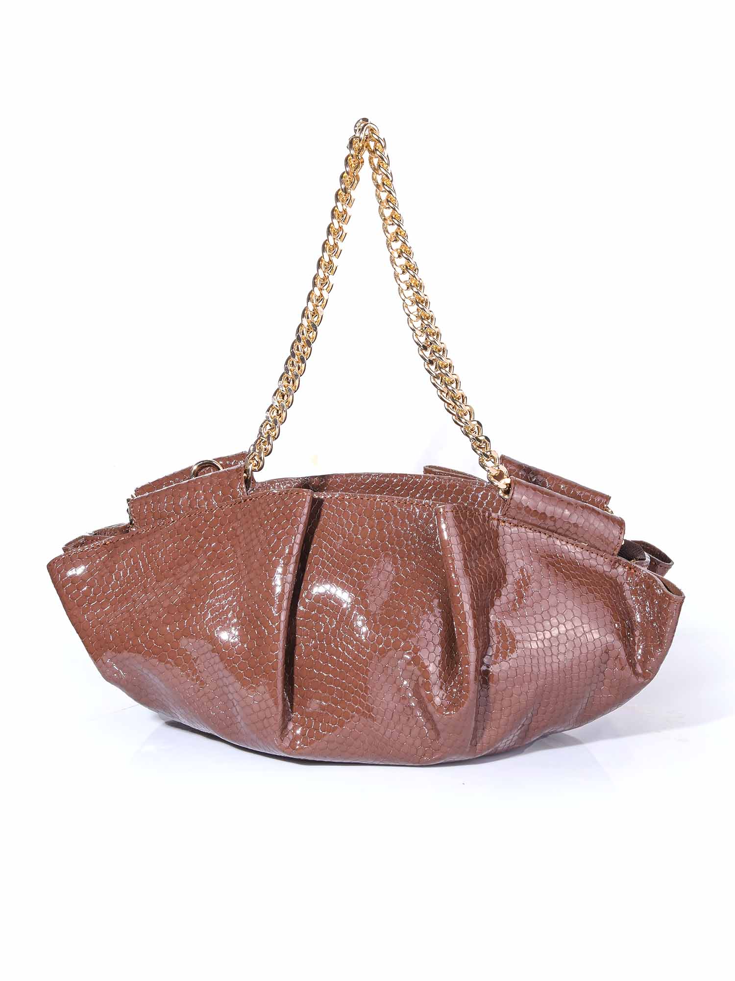 Bolso de hombro marrón con grabado de phyton modelo Sicilia Bag, con acabados premium y asa superior de cadena dorada