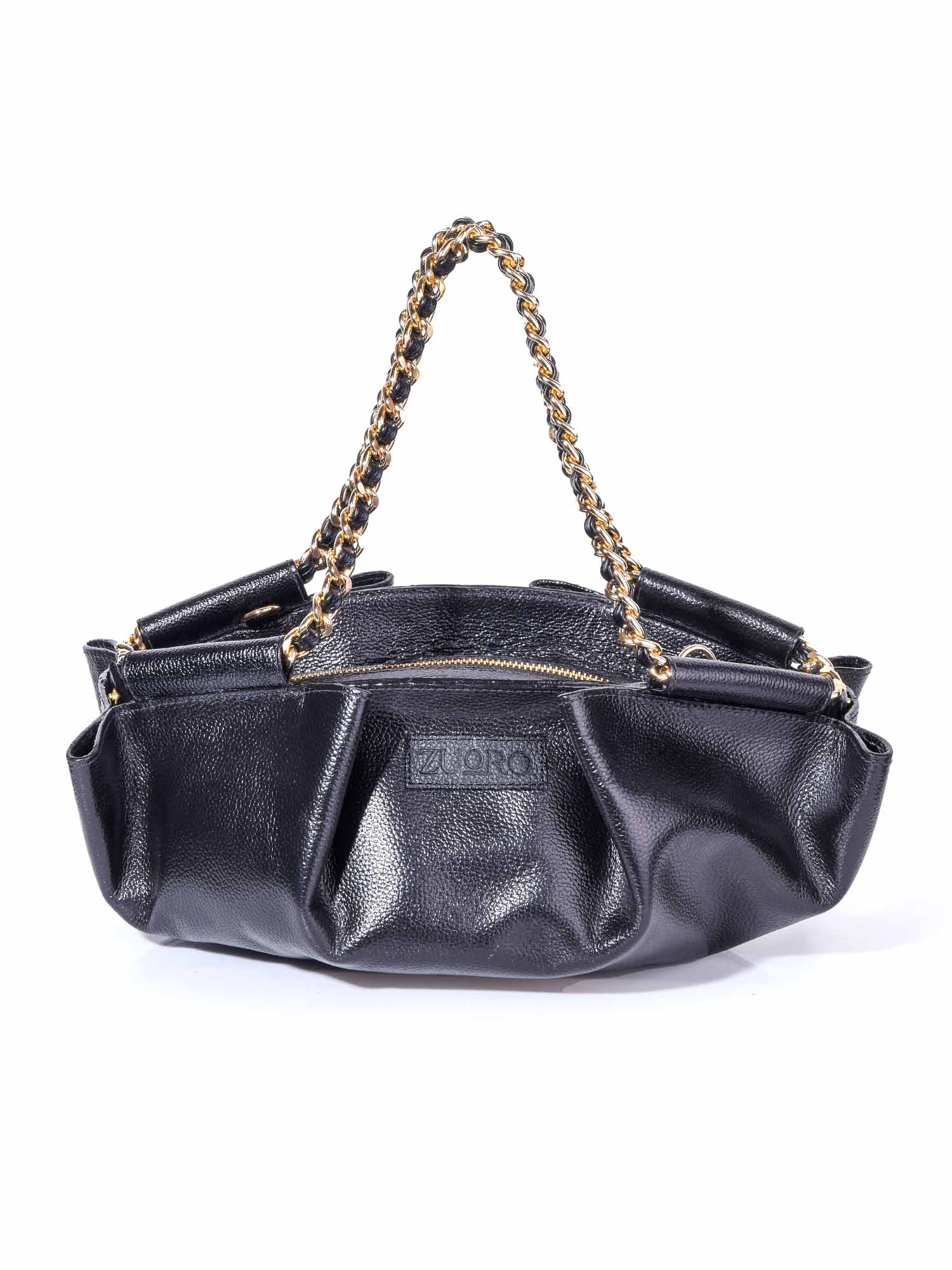 Vista frontal del Sicilia Bag negro resaltando la pureza del cuero premium y los herrajes dorados de alto impacto