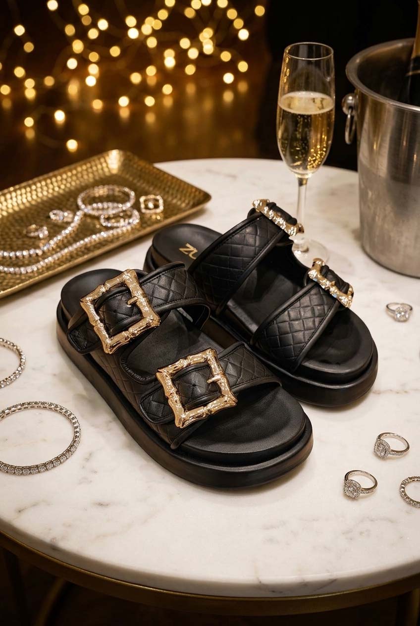 Sandalia modelo Gardenia en color negro, puestas en una mesa de mármol junto a varios accesorios de lujo destacando su elegancia