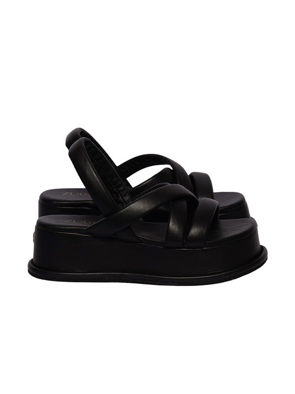 Perfil de sandalia negra Julia mostrando la altura de la plataforma y el tacón bloque estable de Zuoro Shoes