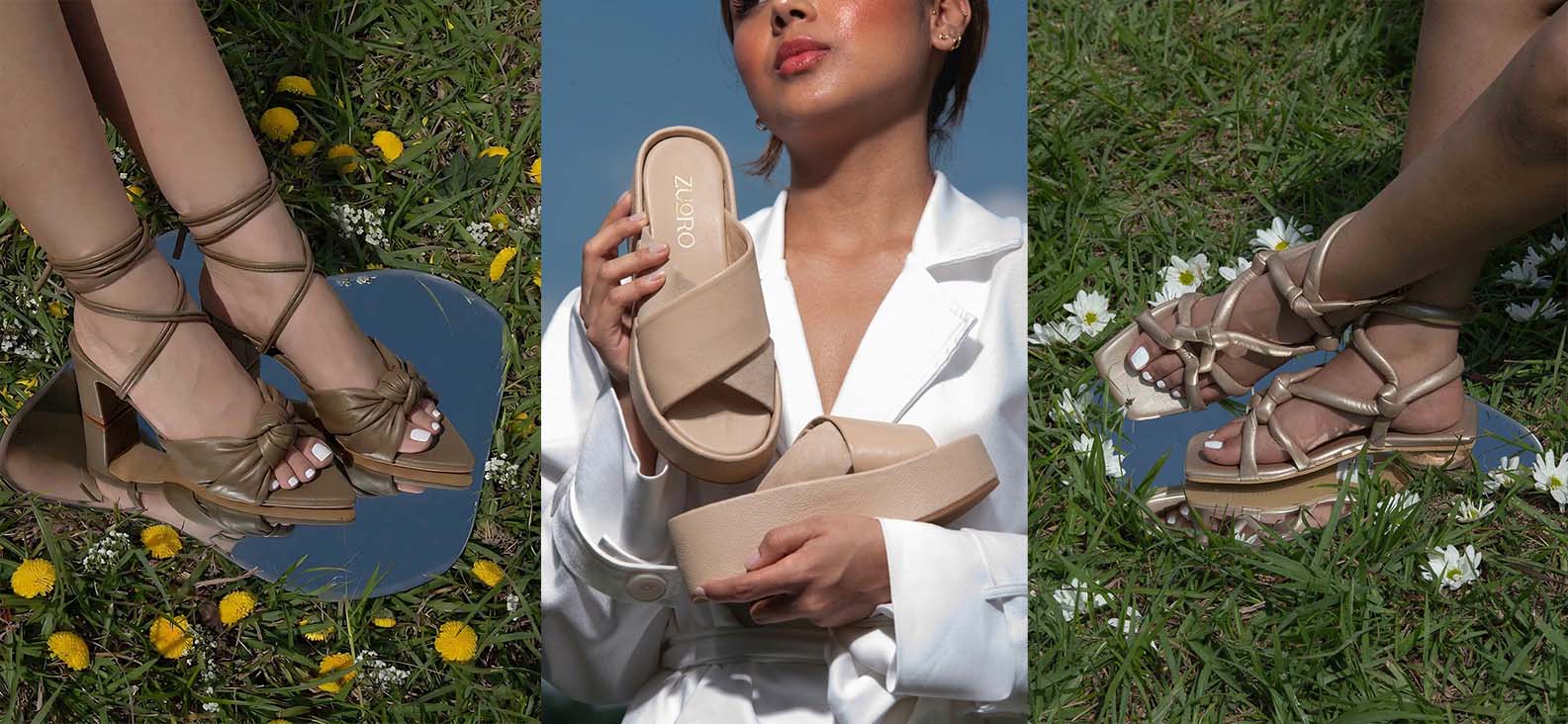 imagen lifestyle de tacones, plataformas y sandalias Zuoro en entorno natural y con modelo, destacando su versatilidad