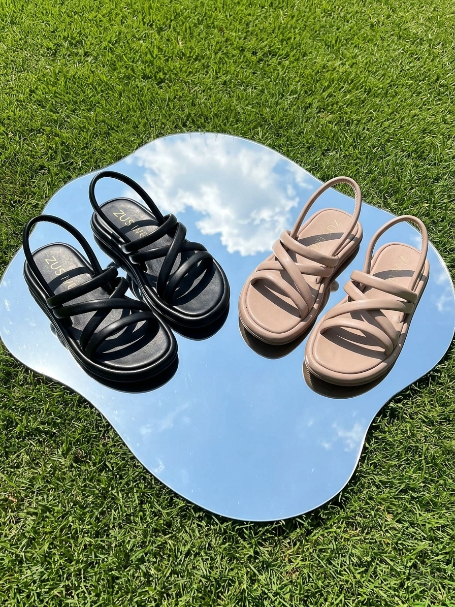 Imagen lifestyle del modelo de sandalias Tinna negras y frappé sobre un espejo en el césped, proyectando un estilo veraniego, moderno y versátil